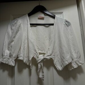 Showpo Cropped Airy White Open Tie-Front Blouse Puff Ruffle Short Sleeve Sz 4